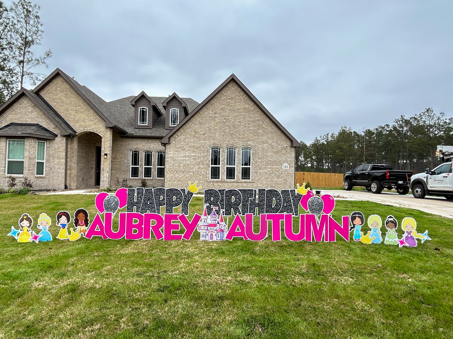 A princess birthday yard card display featuring "Happy Birthday" in sparkling black glitter, eight princess characters, princess crowns and matching balloons, creating a magical celebrations for a girl's birthday celebration. The locations include Conroe, TX and Montgomery, TX.