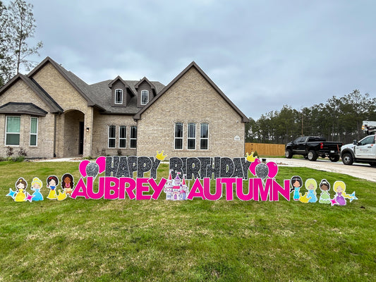 A princess birthday yard card display featuring "Happy Birthday" in sparkling black glitter, eight princess characters, princess crowns and matching balloons, creating a magical celebrations for a girl's birthday celebration. The locations include Conroe, TX and Montgomery, TX.