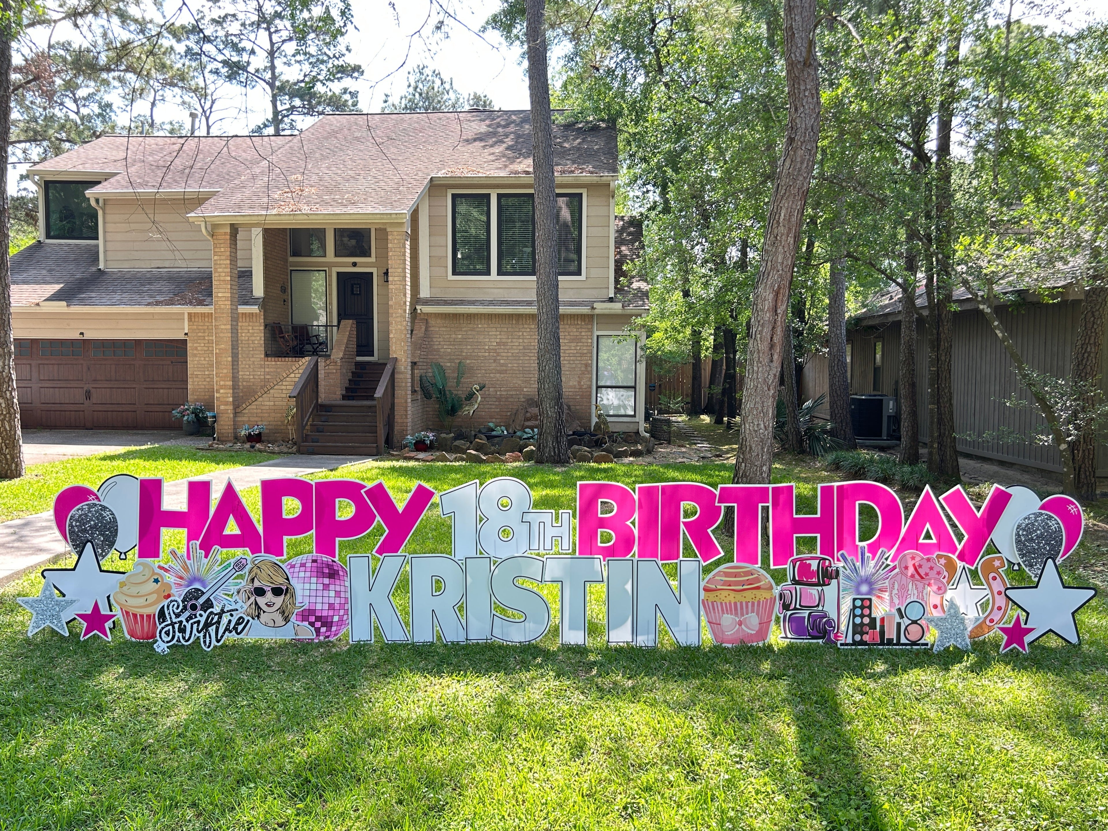 sparkly and pink girly birthday yard card with makeup and swiftie graphics in The Woodlands, TX