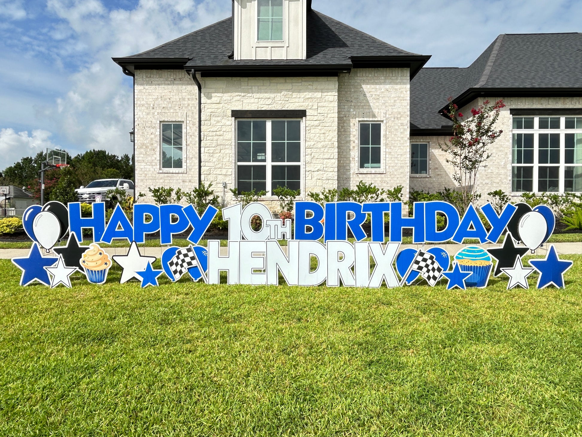 bold colorful kid's birthday yard card sign with blue and white graphics