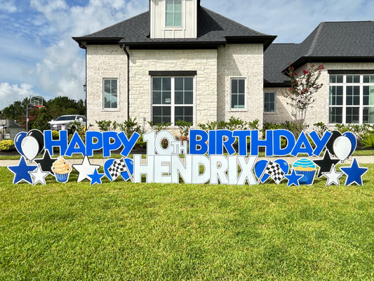 bold colorful kid's birthday yard card sign with blue and white graphics