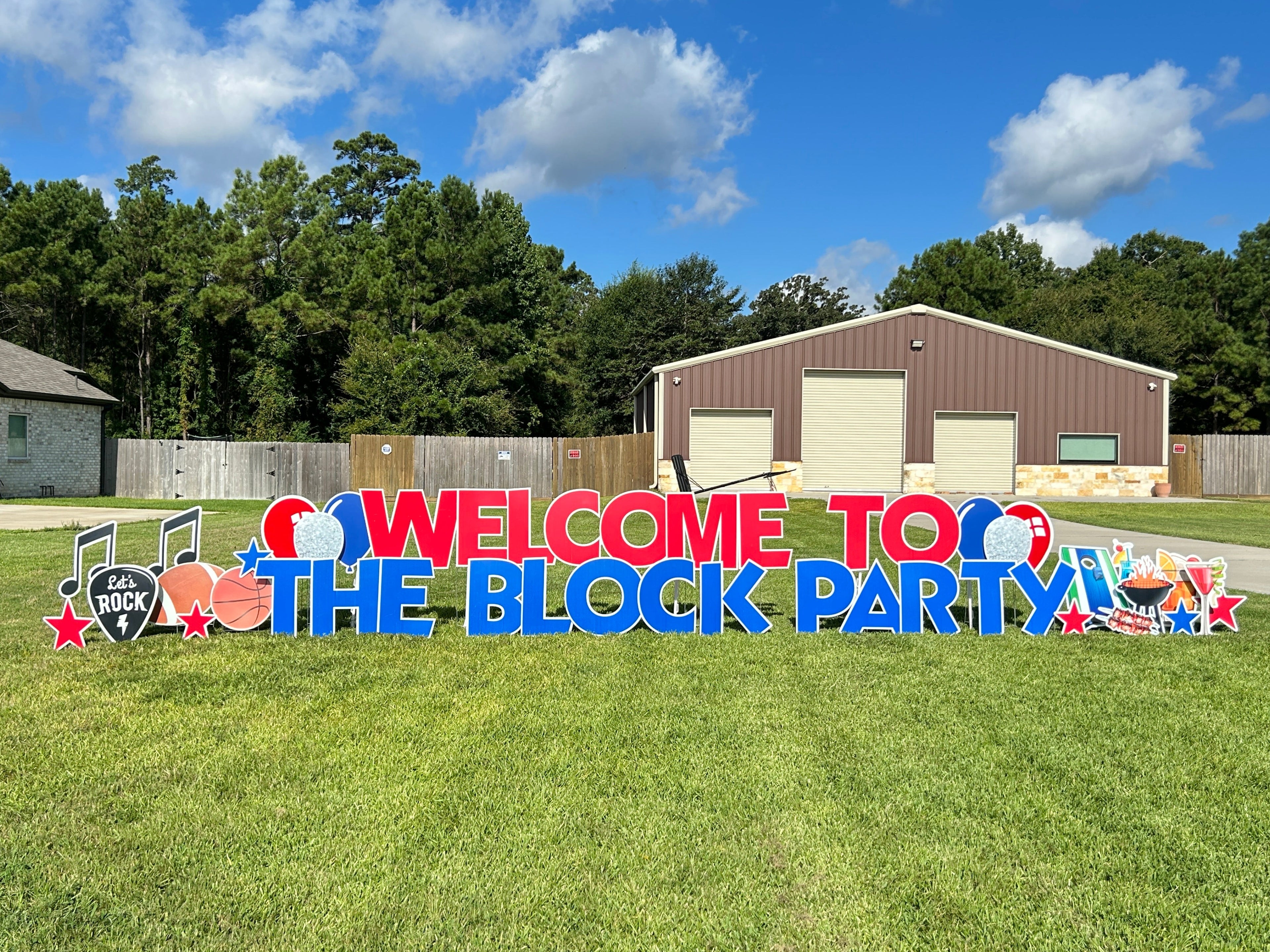 bold and colorful  block party yard card rental in Montgomery, TX