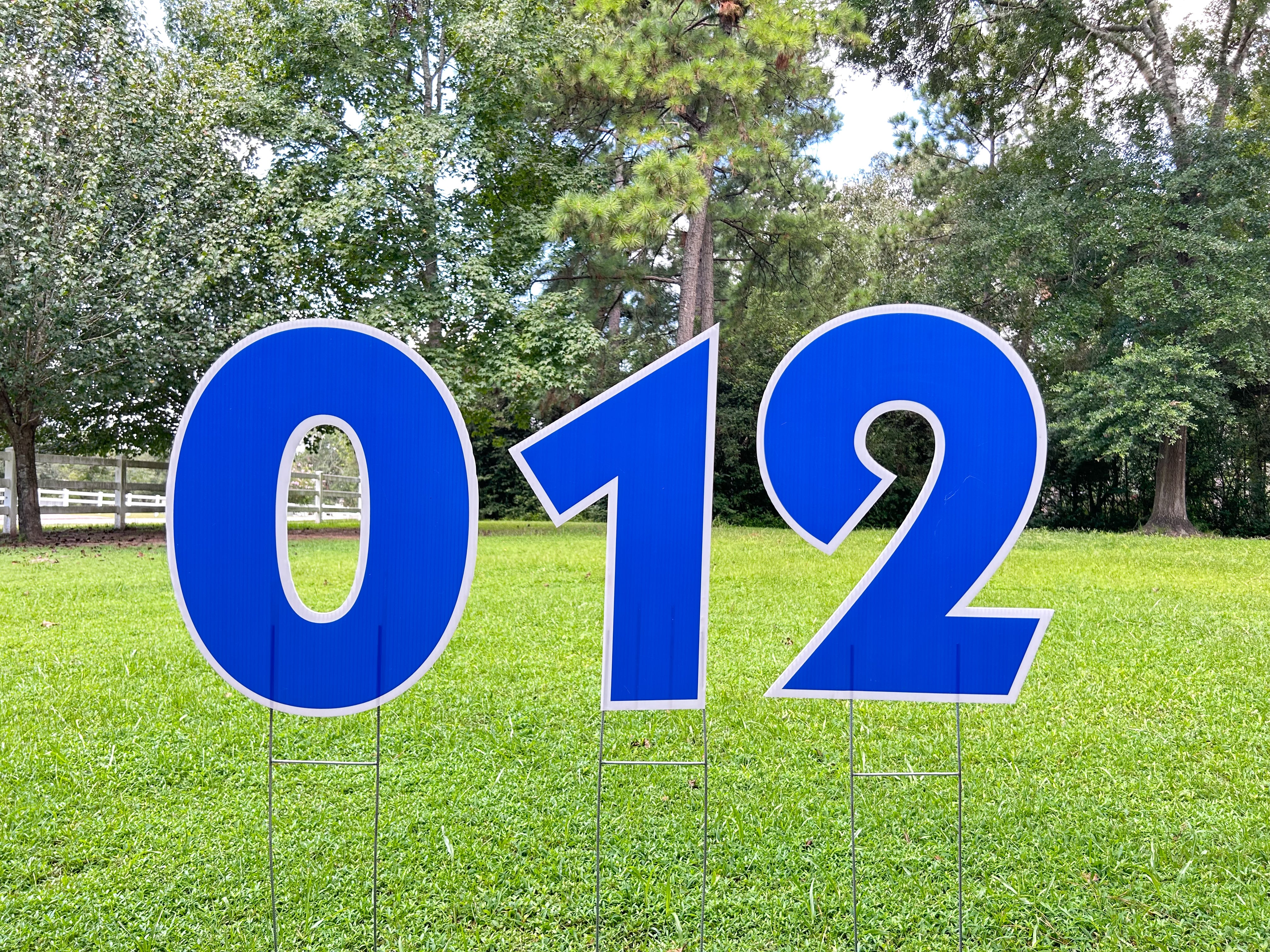 A display of Texas Party in the Yard's number color options, featuring a range of bold and vibrant colors for customizing age-specific yard card messages in Montgomery, TX.