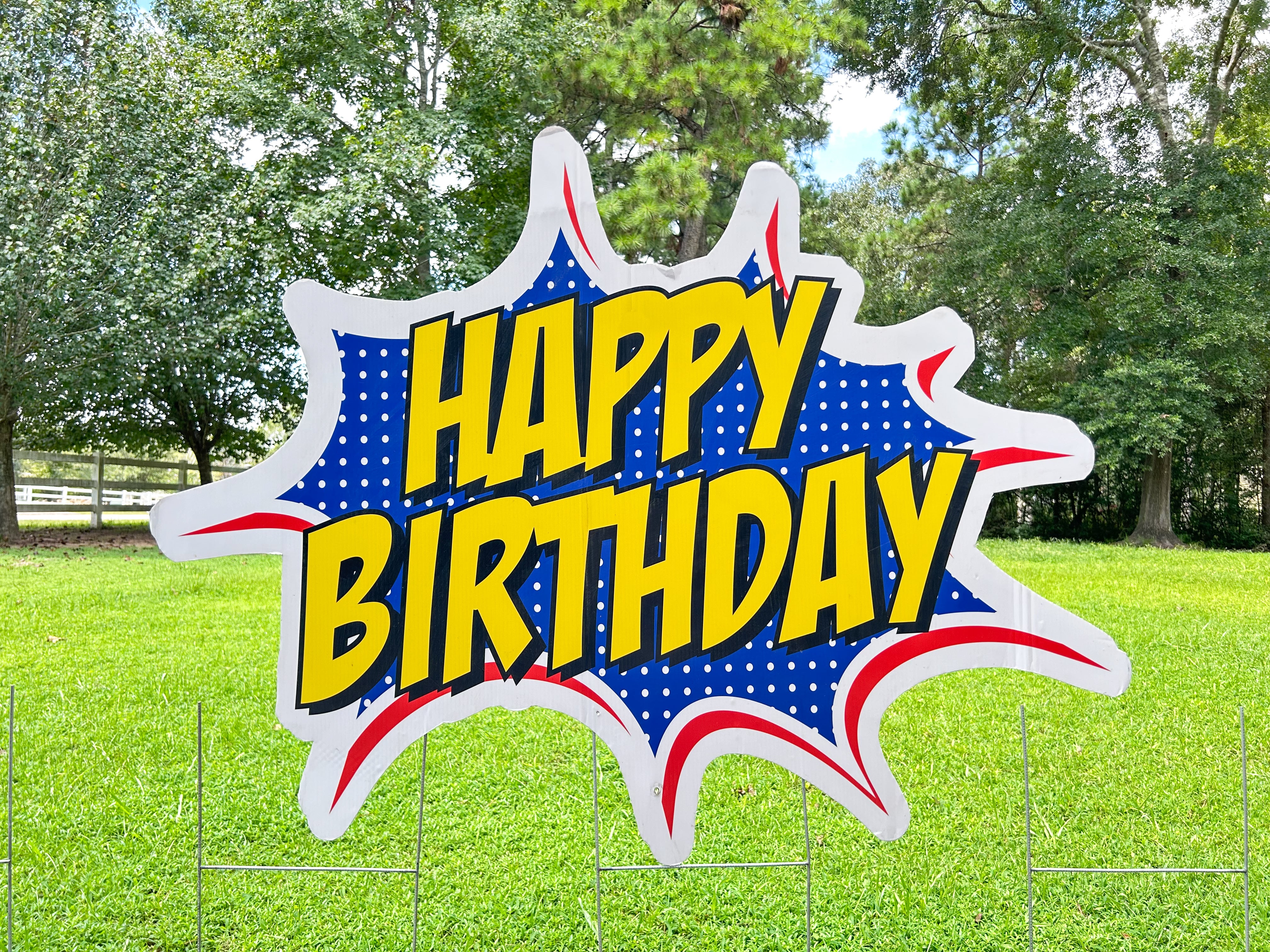 A festive display of Texas Party in the Yard's birthday flash signs, featuring vibrant 