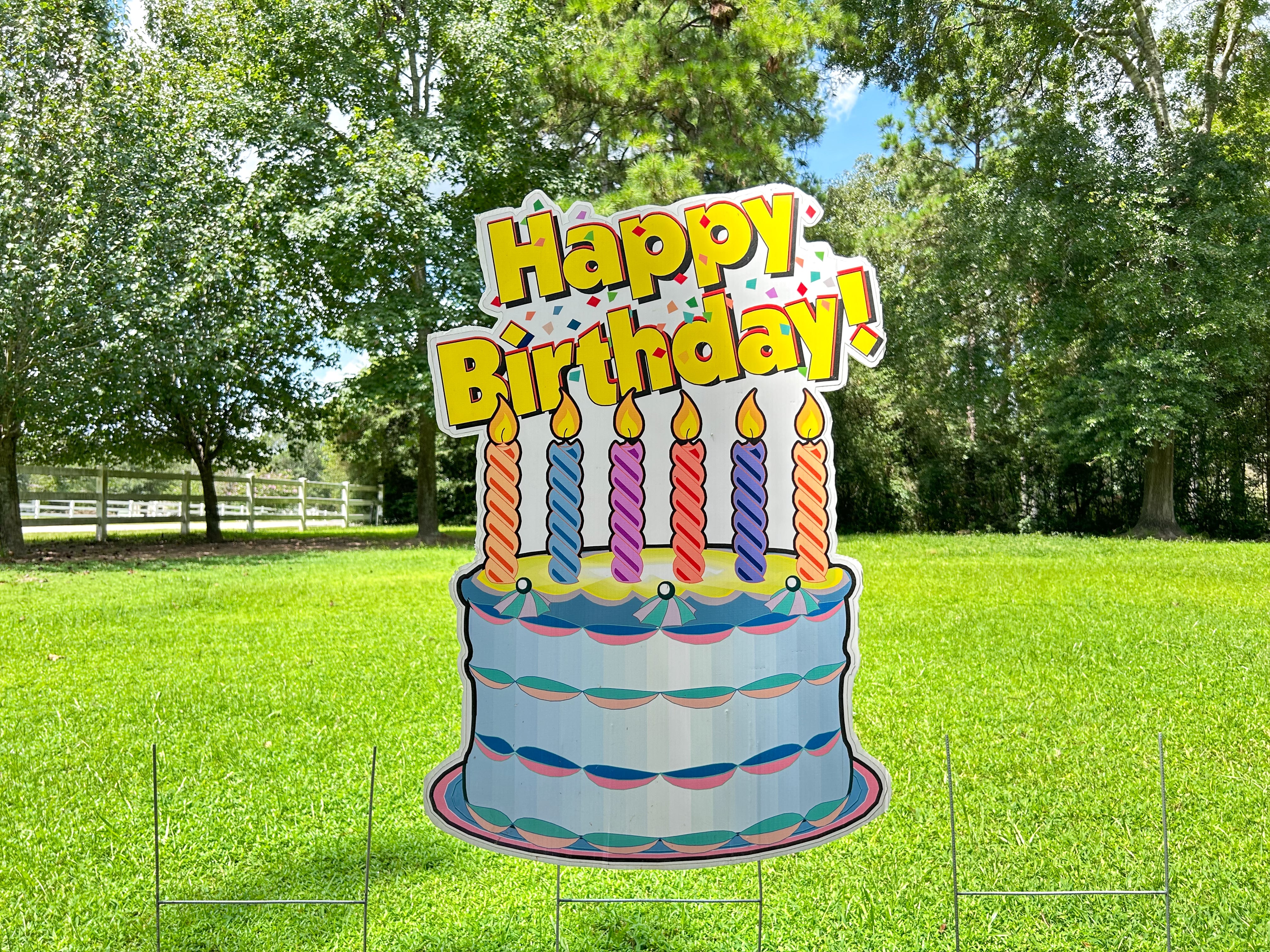 A festive display of Texas Party in the Yard's birthday flash signs, featuring vibrant 