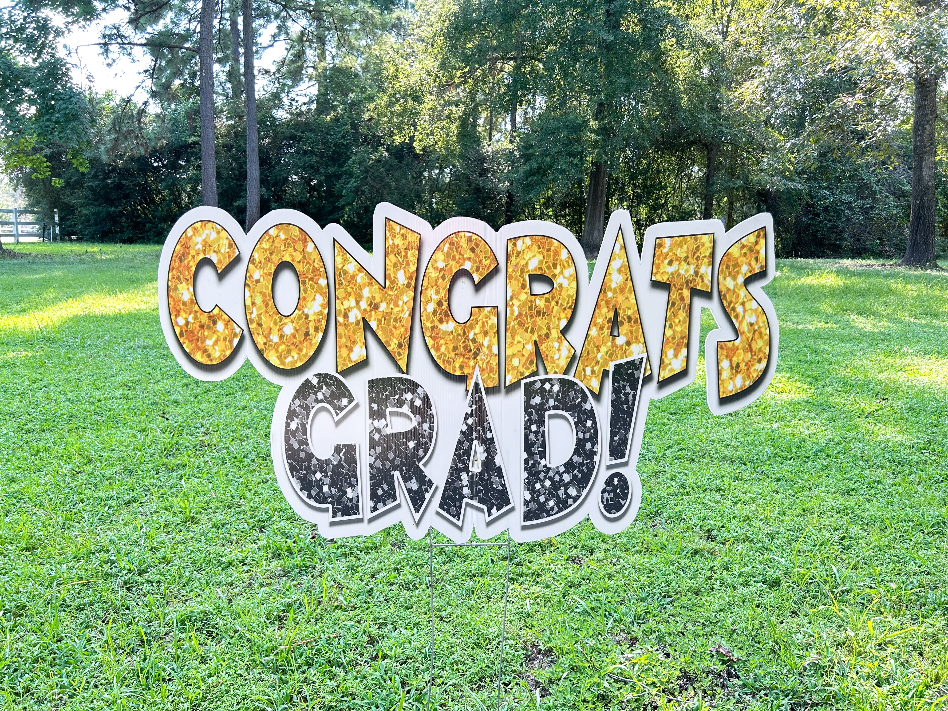 A dynamic display of Texas Party in the Yard's graduation flash signs, featuring bold 