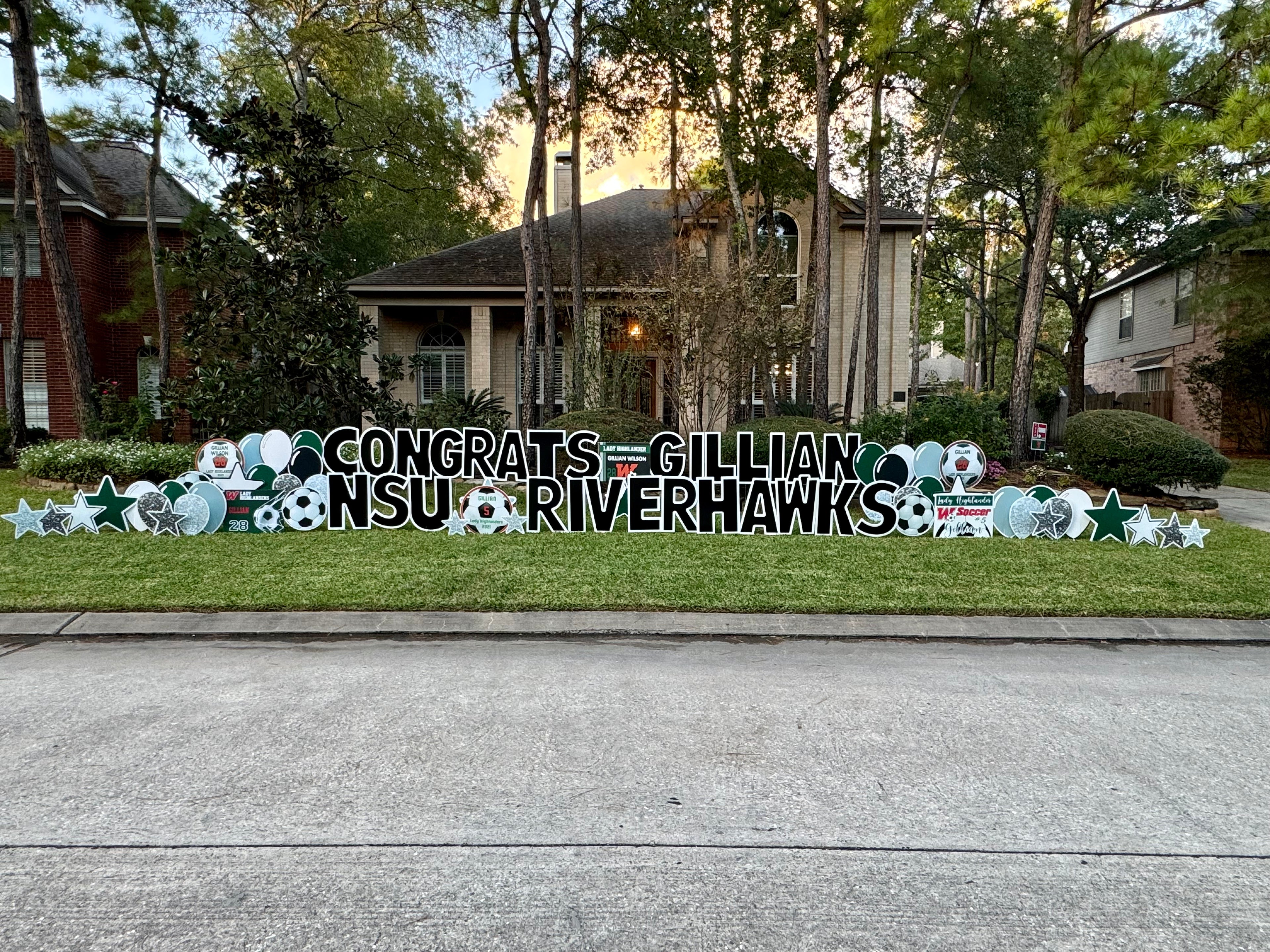 Congratulations yard card for a local soccer team, with the name of the player and the team, team color balloons, stars and more in The Woodlands, TX.